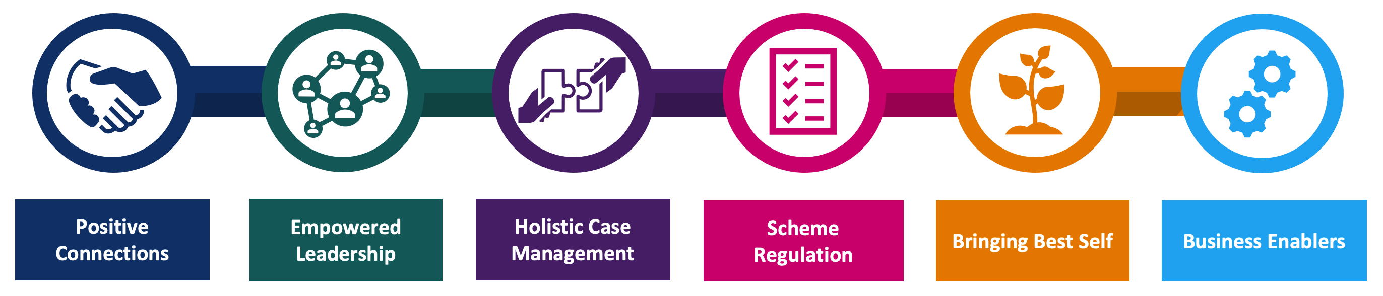 Infographic depicting key elements of the NSW Workers Compensation Scheme professional standards framework including: positive connections, empowered leadership, holistic case management, scheme regulation, bringing best self and business enablers.